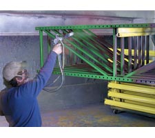Painting Renewed Uprights in Paint Booth