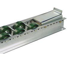 Dual Wheel Poly Pallet Flow (Also shows ramp stop on end of rail)