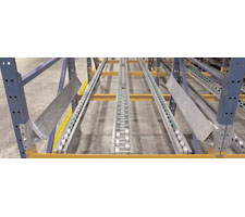 Pallet flow rails mounted in a rack system utilizing both single and single wheel flow rail.