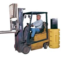 Column protector in use - guarding against a forklift