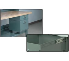 Roller bearing slide detail & 5" and 11" H drawers stacked & mounted to bench.