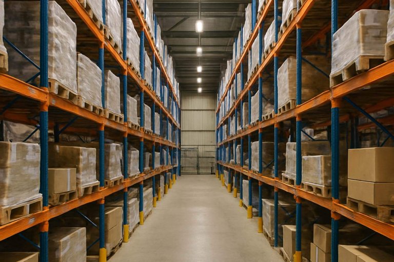 Pallet racking in a warehouse