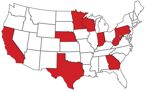 Map of SJF cantilever rack stocking and quick ship locations in the United States and Canada